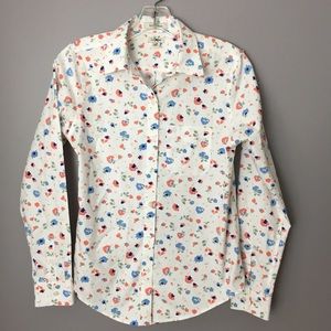 L.L. Bean Floral Blouse Wrinkle Free Button Up Top XXS Pink Blue Flowers